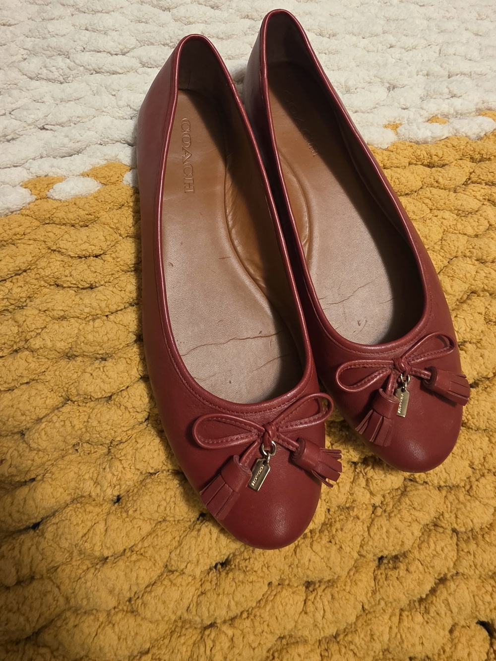 Coach Red Benni Leather Ballet Flats with Tassel Bow
